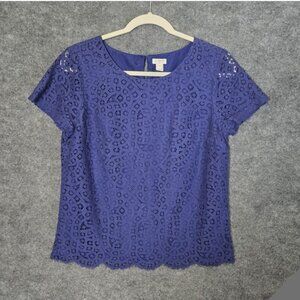 J Crew Top Womens 4 Blue Lace Overlay Short Sleeve Scalloped Blouse Career